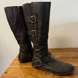 BORN Brown Leather Knee-High Boots with Buckles 15 inches high.